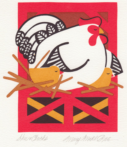 Mary Maki Rae original serigraph Hen and Chicks